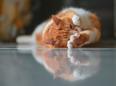 Ginger cat relaxing on the floor in a cosy atmosphere.の写真素材