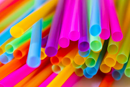 Close up to plenty colorful straws backgroundの写真素材