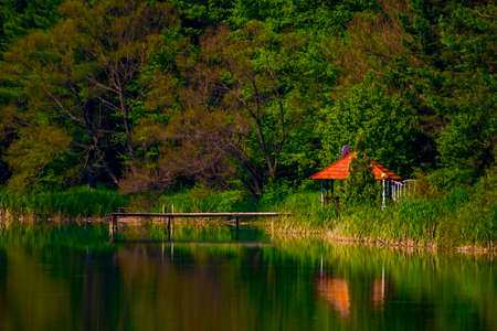 pontoon on the lake in Caras Severin, Romaniaの写真素材