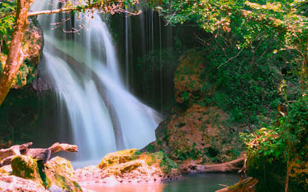 La Vaioaga waterfall encountered while trekking on Nera Gorges during summer, Romaniaの写真素材