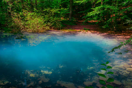Ochiul Beiului, a small emerald lake on the Nera gorge in Beusnita National Park in Romaniaの写真素材
