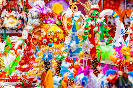 Christmas ornaments for sale at the Christmas marketの写真素材