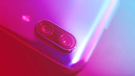 Close up of a mobile phone camera, flash and sensors.の写真素材