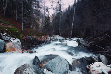 Waterfall mountain view close up. Mountain river waterfall landscape. Waterfall river sceneの写真素材