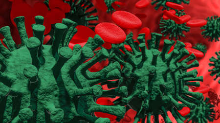 Coronavirus 2019-nCov novel coronavirus concept resposible for asian flu outbreak and coronaviruses influenza as dangerous flu strain cases as a pandemic. Microscope virus close up. 3d rendering.の写真素材