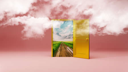 3d rendering the empty room with opened door. beautiful landscape with country road and sun.の写真素材
