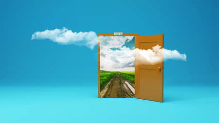 3d rendering the empty room with opened door. beautiful landscape with country road and sun.の写真素材