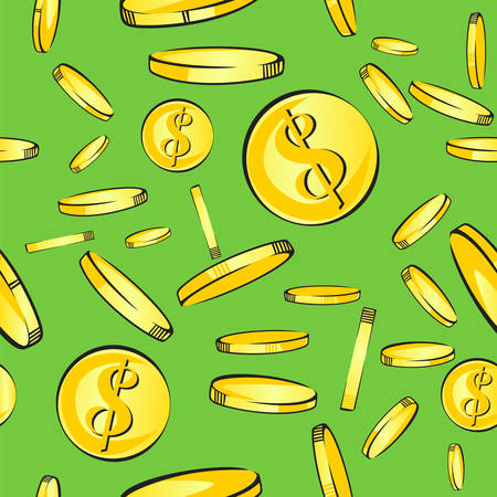 Seamless coins rain pattern, gold money with dollar sign fall, vector illustrationのイラスト素材