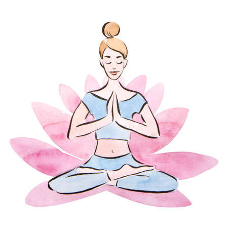 Yoga woman, pretty young girl practising lotus pose in a giant lotus flower, watercolor techniqueの写真素材