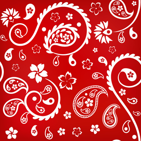 Seamless floral ornament with turkish (indian) cucumbers, white on red backgroundのイラスト素材