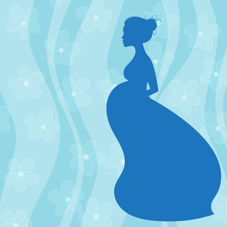 Pregnant woman in long dress on blue floral backgroundのイラスト素材