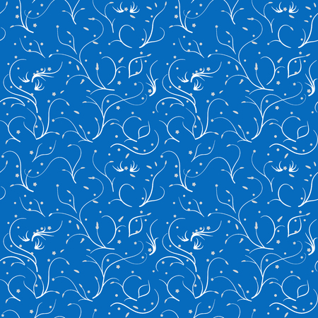 Seamless pattern with thin stems and flowers, white on blueのイラスト素材