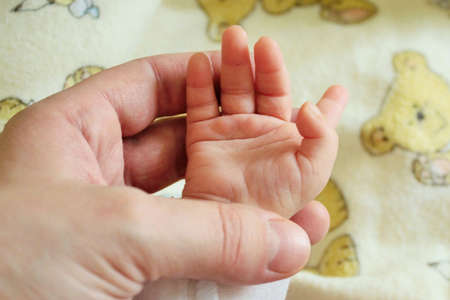 Newborn baby hand in mother handの写真素材