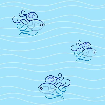 Seamless thin waves and vignette fish in blue coloursのイラスト素材