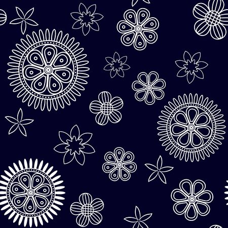 Seamless pattern with white thin flowers on deep blue backgroundのイラスト素材