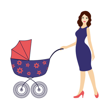 Elegant mother in blue dress with stroller isolatedのイラスト素材