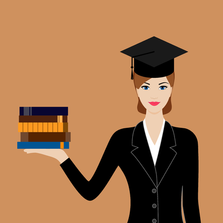 Graduate in black suit and cap with booksのイラスト素材