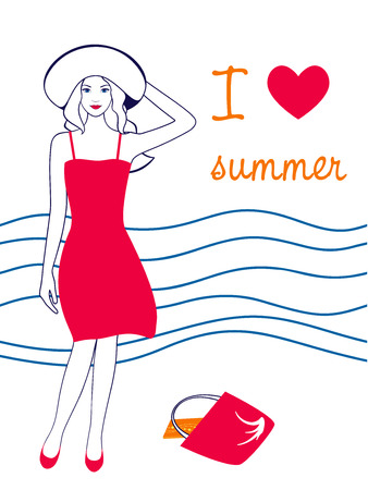 Sketch illustration of girl on the beachのイラスト素材