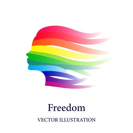 Freedom concept with female face consisted of rainbow ribbons in the windのイラスト素材