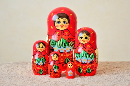 Matryoshka dolls group. Five Russian traditional wooden dolls.の写真素材