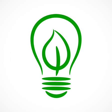 Contour electric light bulb with green leaf, eco conceptのイラスト素材