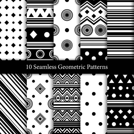 10 geometric seamless patterns in black and white colorsのイラスト素材
