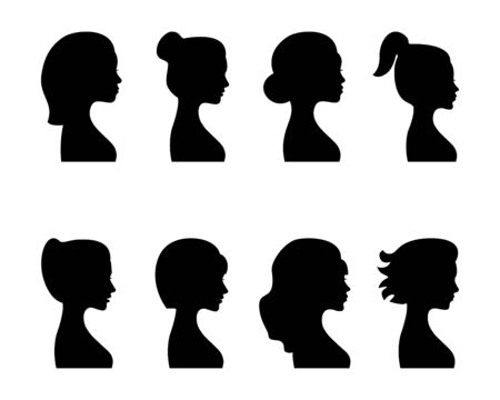 Female profile silhouettes, different variants. Vector.のイラスト素材