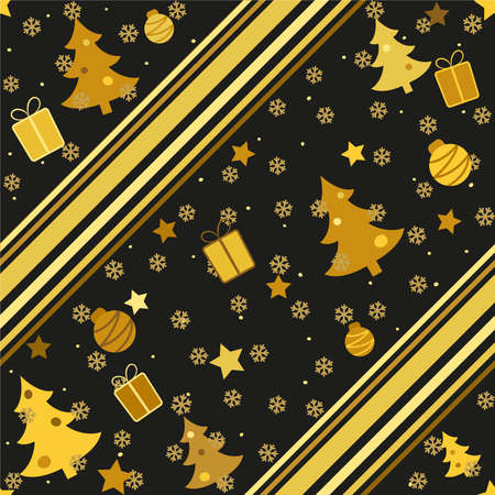 Seamless Christmas pattern with golden trees, balls, gifts and snow. Decorated with lines. Vector endless illustration for web background.のイラスト素材
