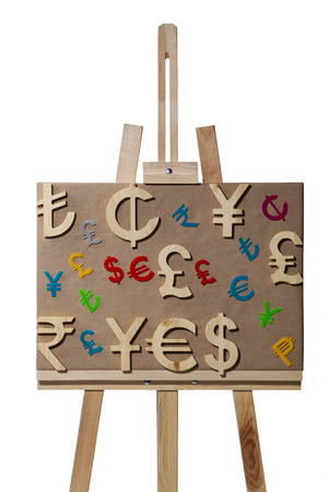 Colorful world economy picture on easel says yes and sellの写真素材