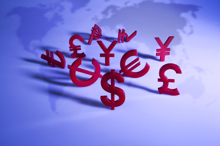 World economy map with red international icons on blueの写真素材
