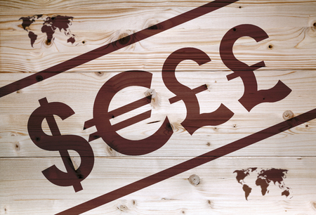 Sell article  with currency units on wooden backgroundの写真素材