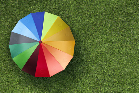 Euro currency units on colourful umbrella on green grassの写真素材