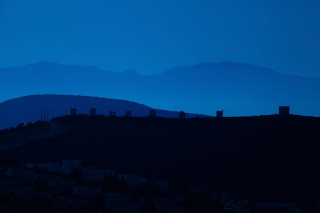 Windmills of famous tourism city Bodrum Turkeyの写真素材
