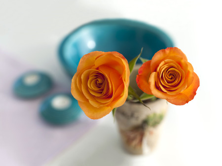 Two fresh orange roses in a blue vaseの写真素材