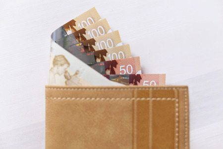 Canadian Dollars and credit cards in mustard coloured leather walletの写真素材
