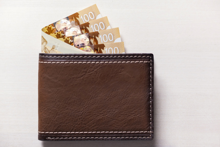 Canadian Dollars and credit cards in brown coloured leather walletの写真素材