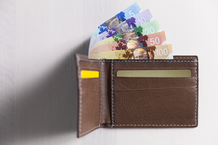 Canadian Dollars and credit cards in brown coloured leather walletの写真素材