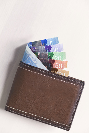 Canadian Dollars and credit cards in brown coloured leather wallet