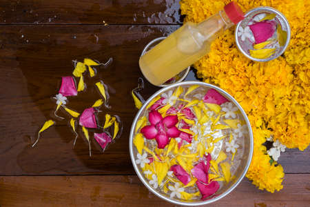 accessories for songkran festival in Thailand, Such as water bowl, flower, frangrant? etc.の写真素材