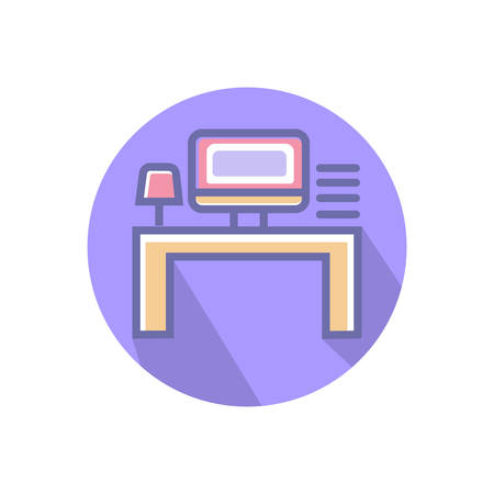Work place or office work icon. Vector icon with computer table lampのイラスト素材