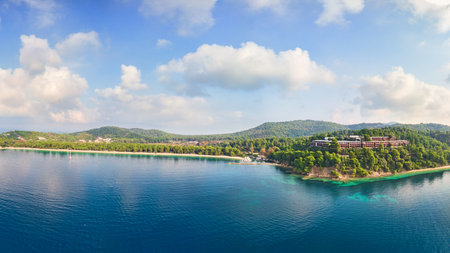 The beach Koukounaries of Skiathos island from drone view, Greeceの写真素材