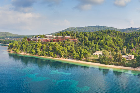 The beaches Maratha and Katharina of Skiathos island from drone view, Greeceの写真素材