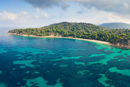 The beach Agia Eleni of Skiathos island from drone, Greeceの写真素材