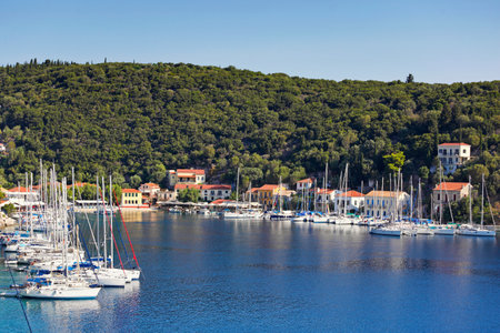 Sailing boats at the port of Kioni in Ithaki island, Greeceの写真素材