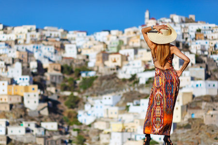 A beautiful woman at the village Olympos of Karpathos, Greeceの写真素材