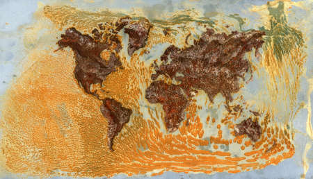 background of world map made of real rust on steel plate