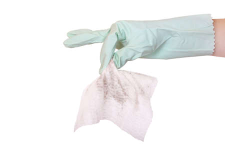 rubber glove is holding dirty cloth の写真素材