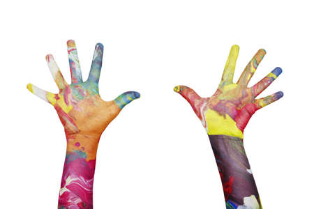 extended colorful hands on white