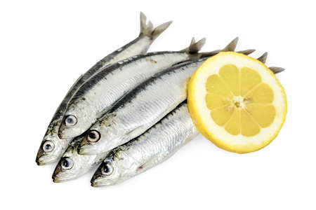 raw sardines with lemon slice on whiteの写真素材