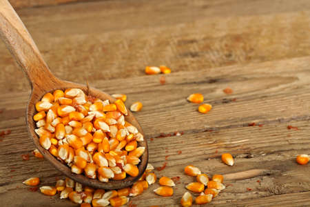 wooden ladle with corn on woodの写真素材